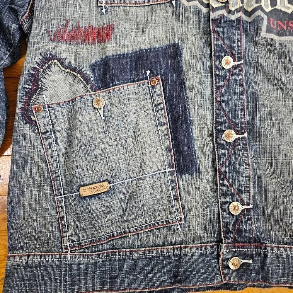 Akademiks Men Jean Jacket Unseen Forces Distressed XXL